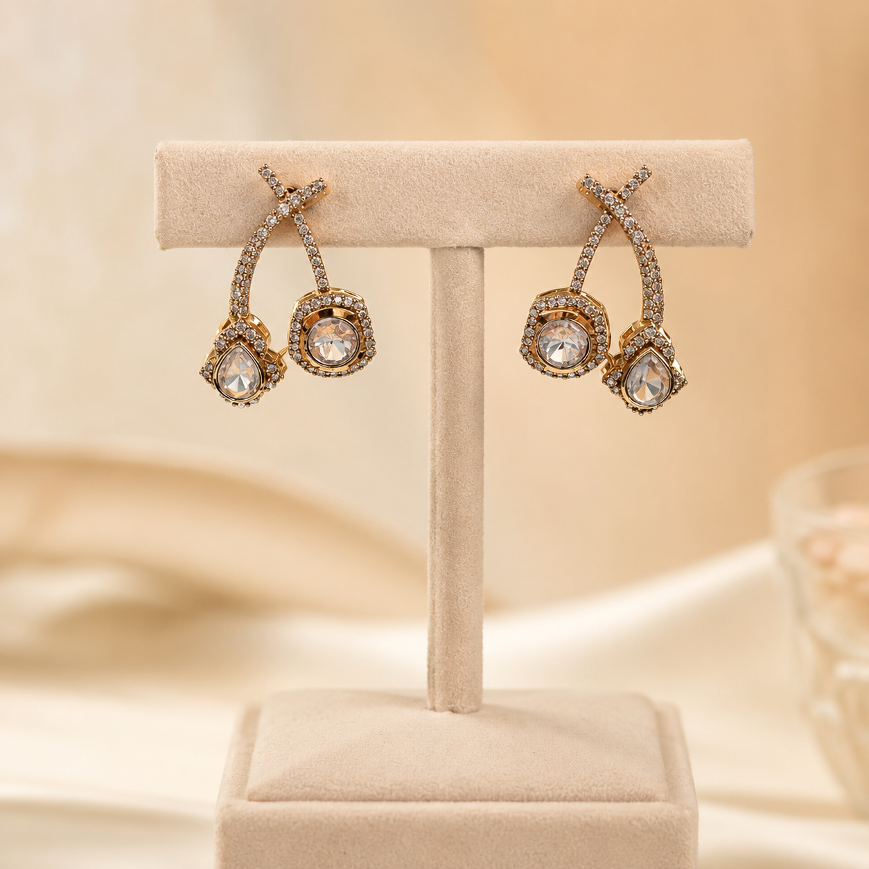 Avelyn Twin Drops Moissanite Earrings | Rose Gold Halo Drop Earrings for Women