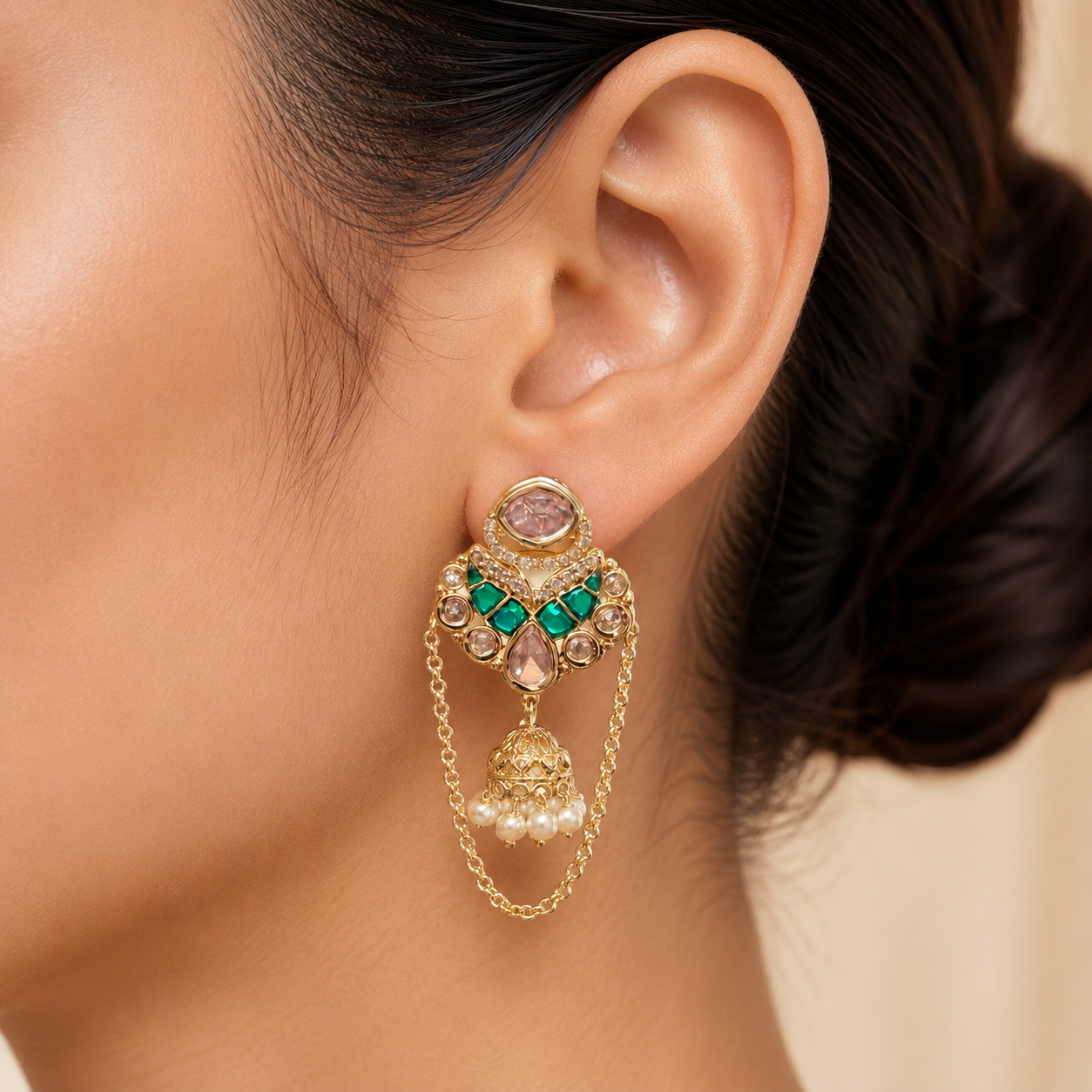 Zariah Chain Jhumki Earrings | Kundan Pearl Drop Earrings for Women