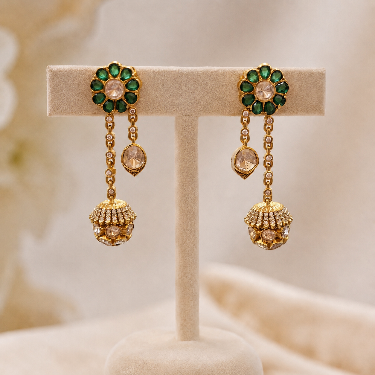 Emerelle Jhumki Drop Earrings | Green Floral Kundan & Moissanite Earrings for Women