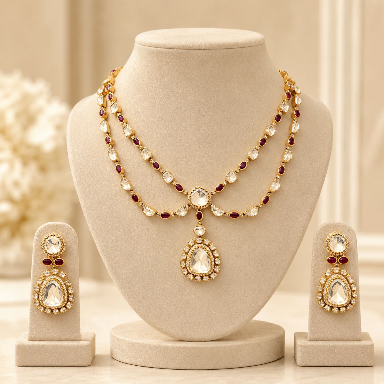 Ruhira Royale Set | Ruby-Tone Moissanite Layered Necklace & Earrings Set for Women