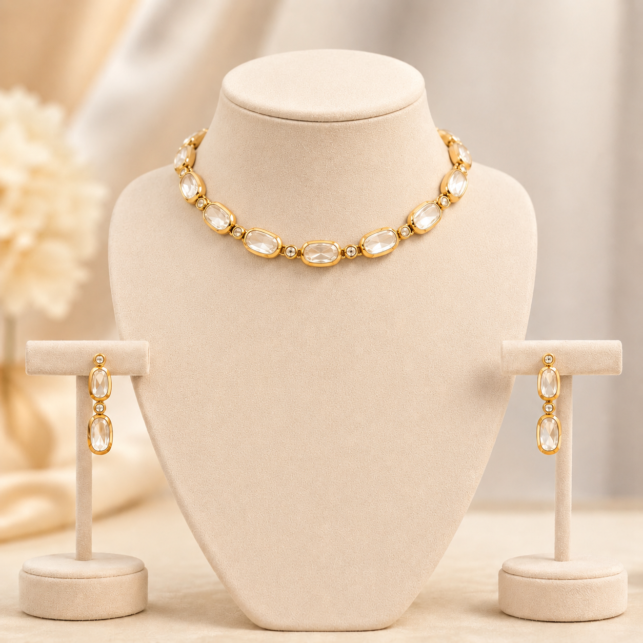 Aavya Luxe Set | Modern Moissanite Choker Necklace & Earrings Set for Women