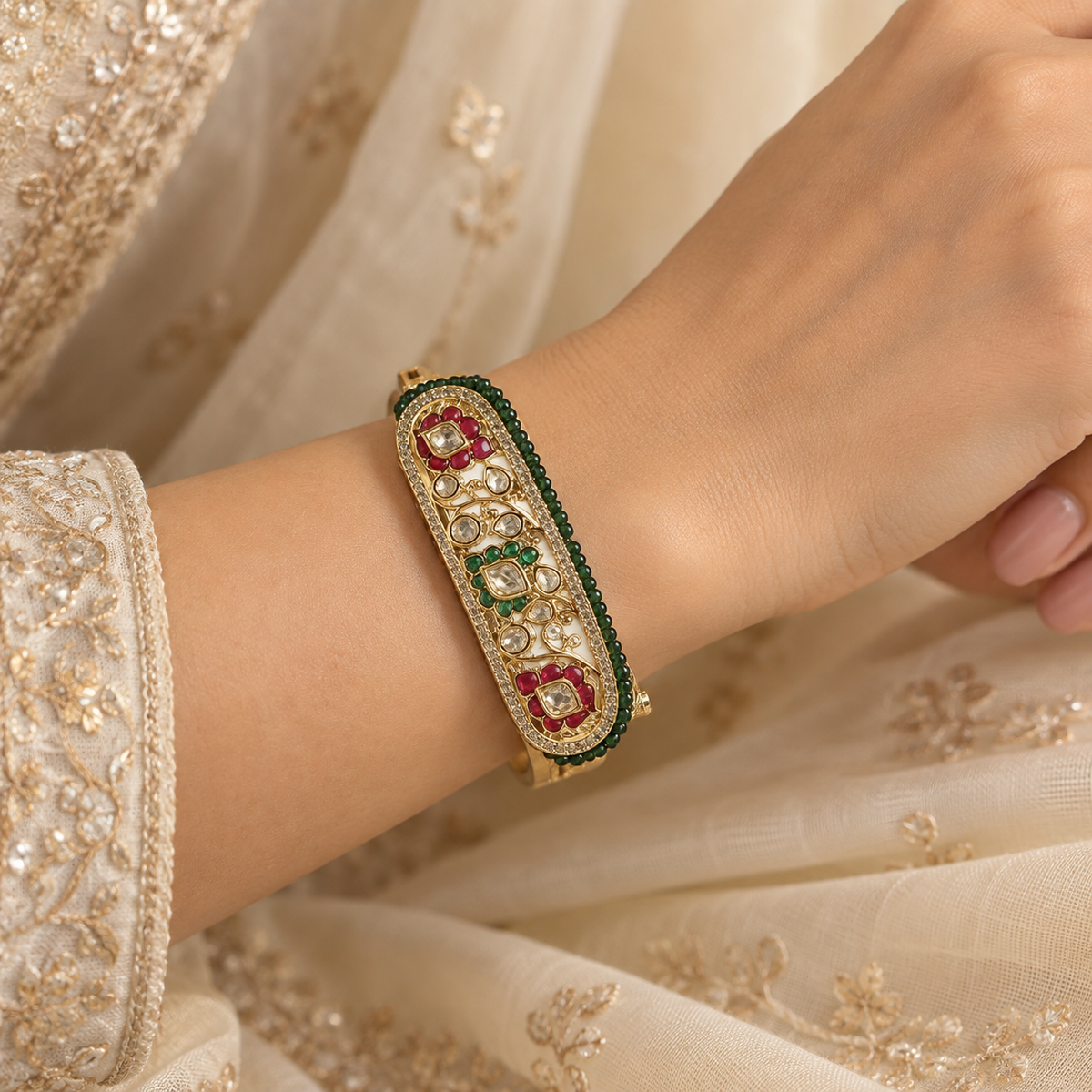Phoolzaar Multicolor Moissanite Polki Bangle | 22K Gold Plated