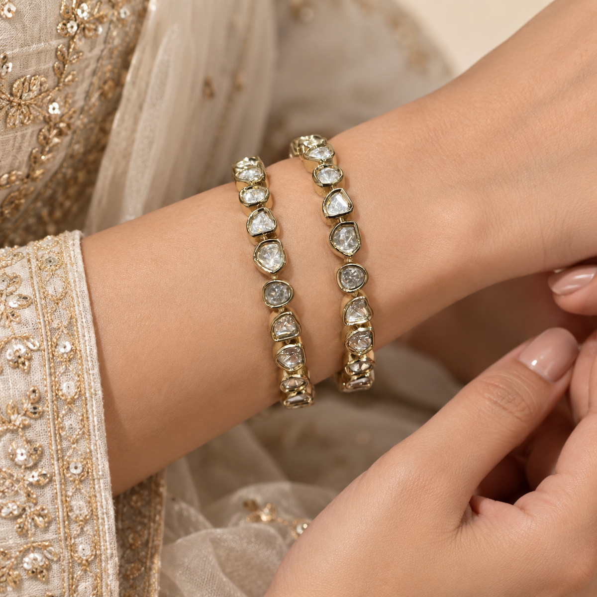 Virelle Moissanite Polki Bangle | 22K Gold Plated Statement Bangle