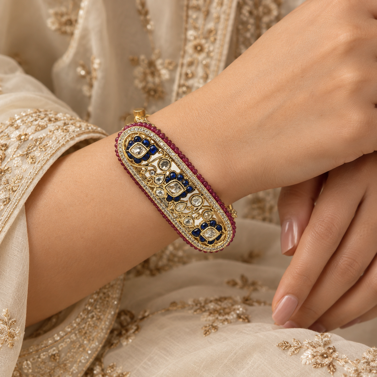 Neelrangi Multicolor Moissanite Polki Bangle | 22K Gold Plated