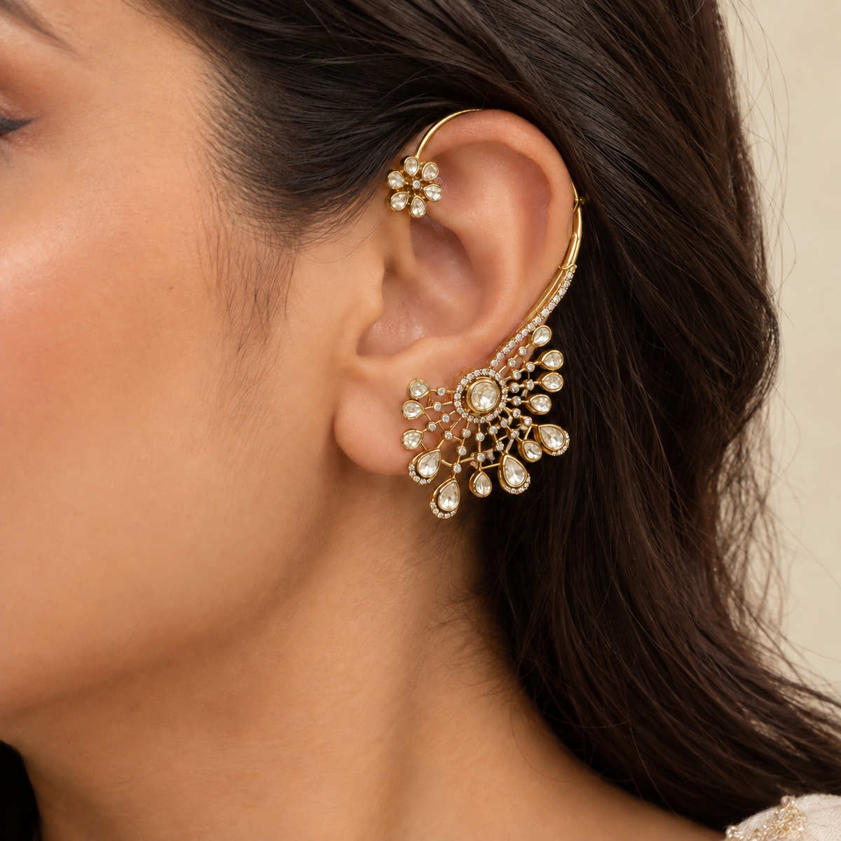 Nayzara Moissanite Polki Earcuff | 22K Gold Plated Floral Earring