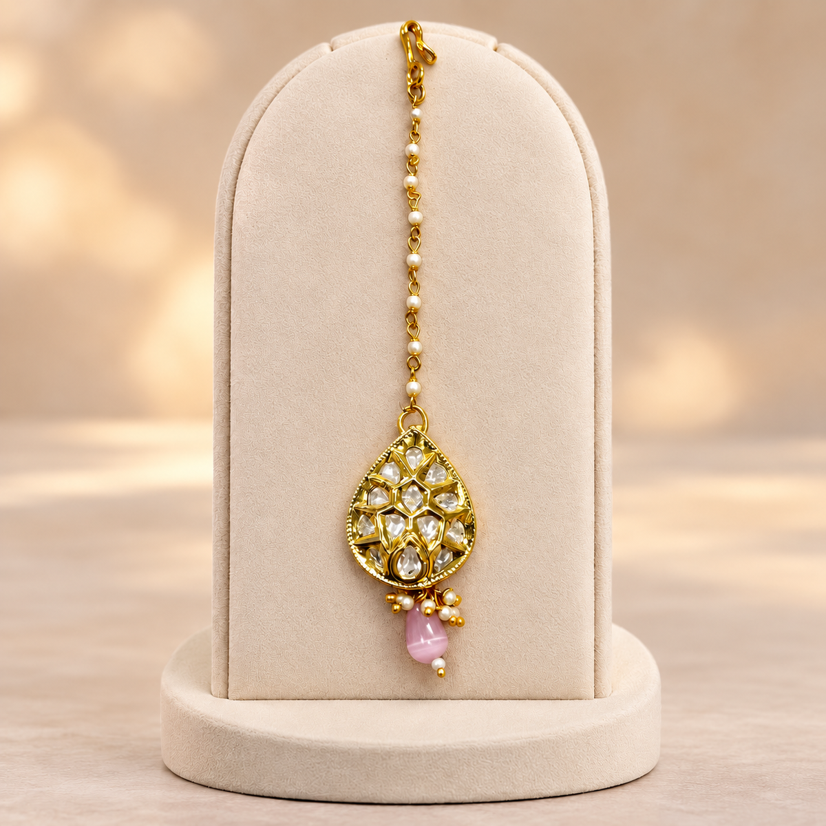 Pankhuri Moissanite Polki Maangtika | 22K Gold Plated Pearl Chain