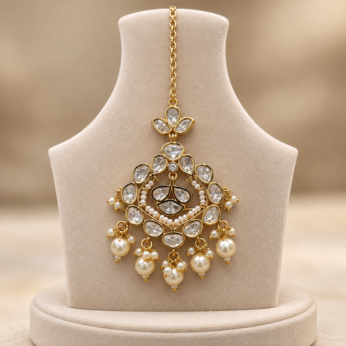 Meherika Moissanite Polki Maangtika | 22K Gold Plated Pearl Tika