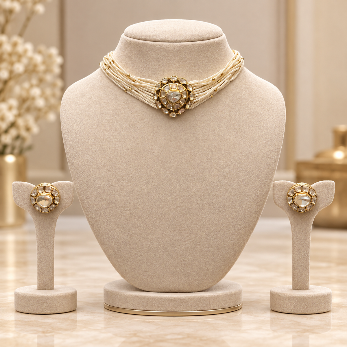 Aurevyn Moissanite Uncut Polki Pearl Choker Necklace Set | 22KT Gold Plated Pure Brass