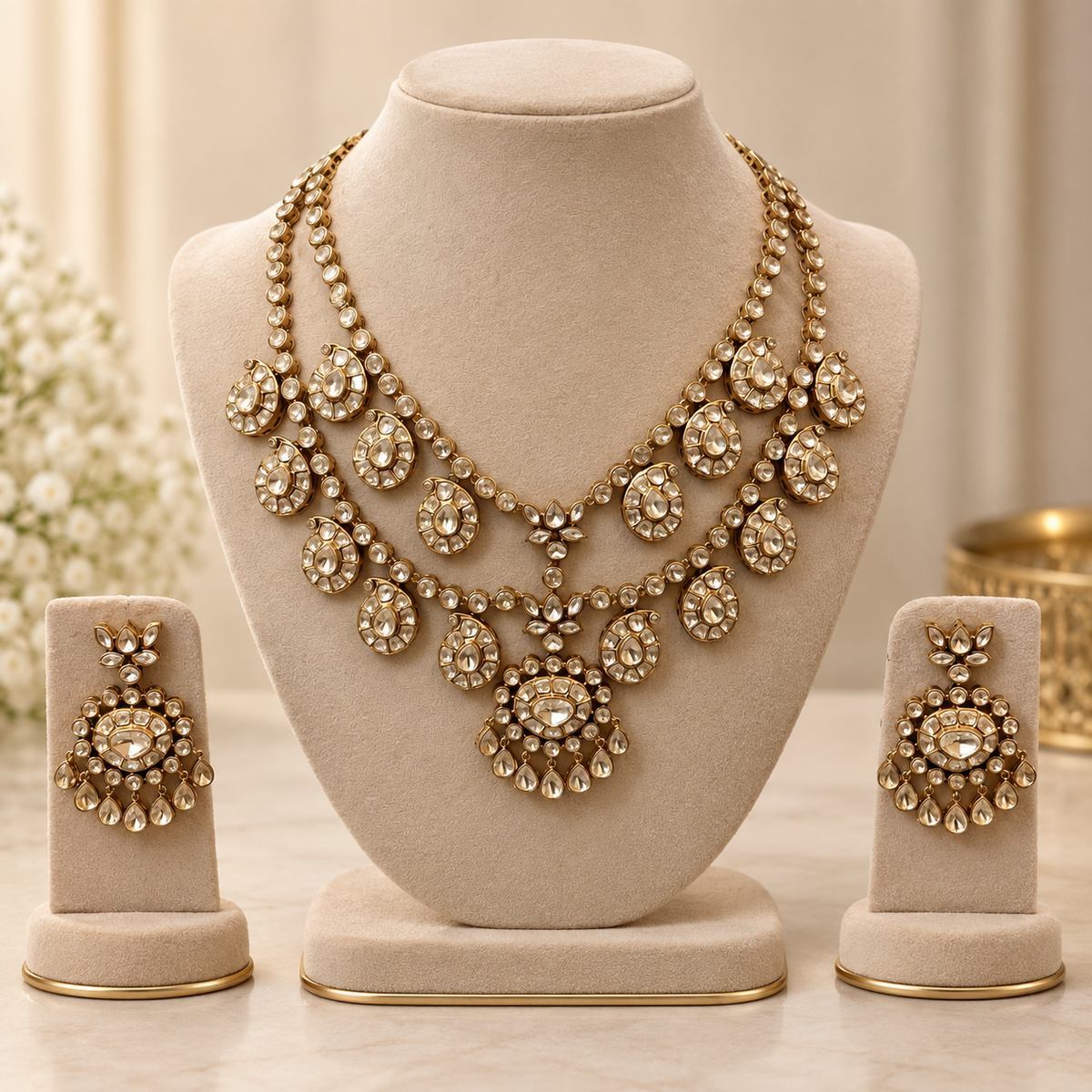 Zarvienne Moissanite Uncut Polki Necklace Set with Earrings | 22KT Gold Plated Pure Brass