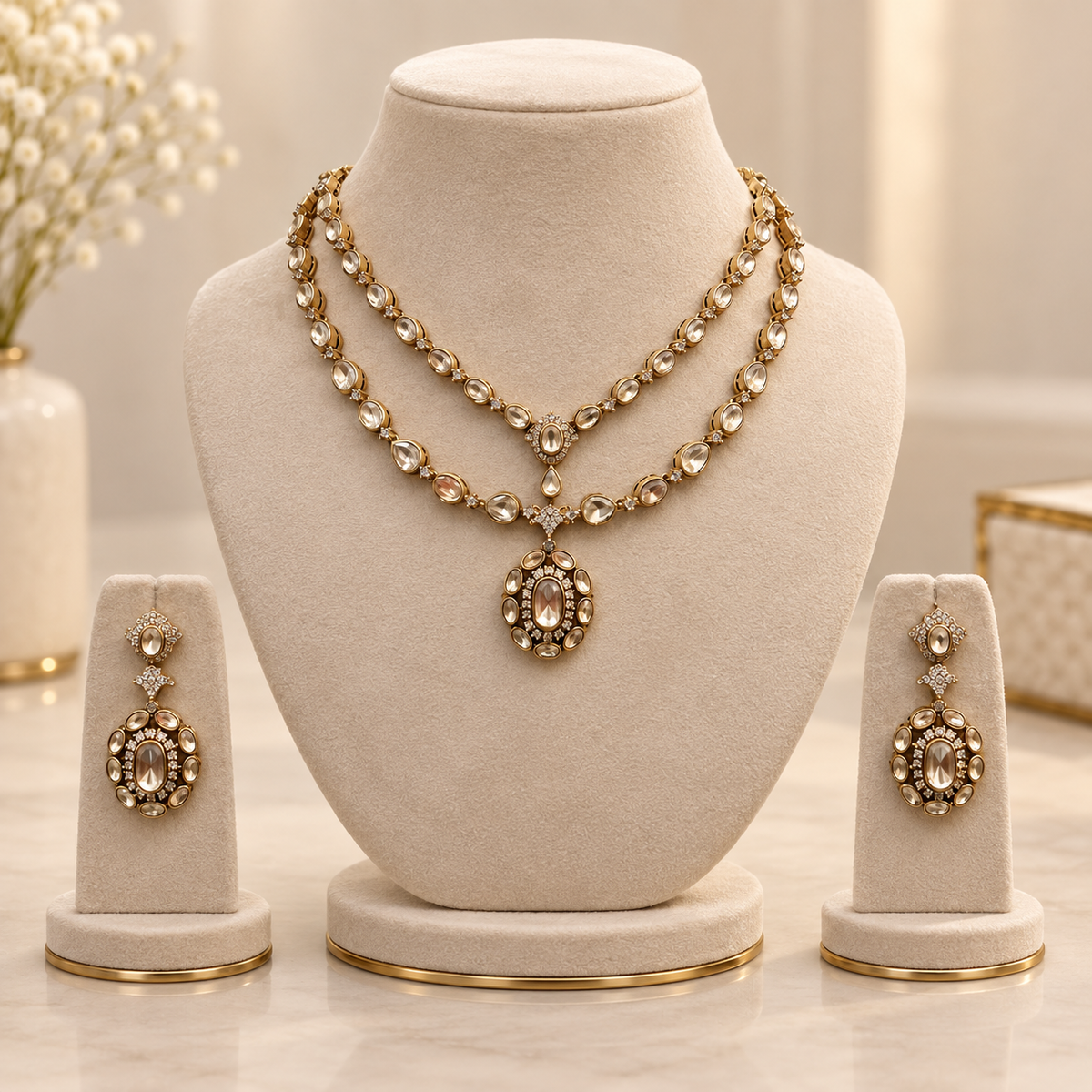 Varelle Moissanite Polki Necklace Set | 22KT Gold Plated Bridal Jewellery