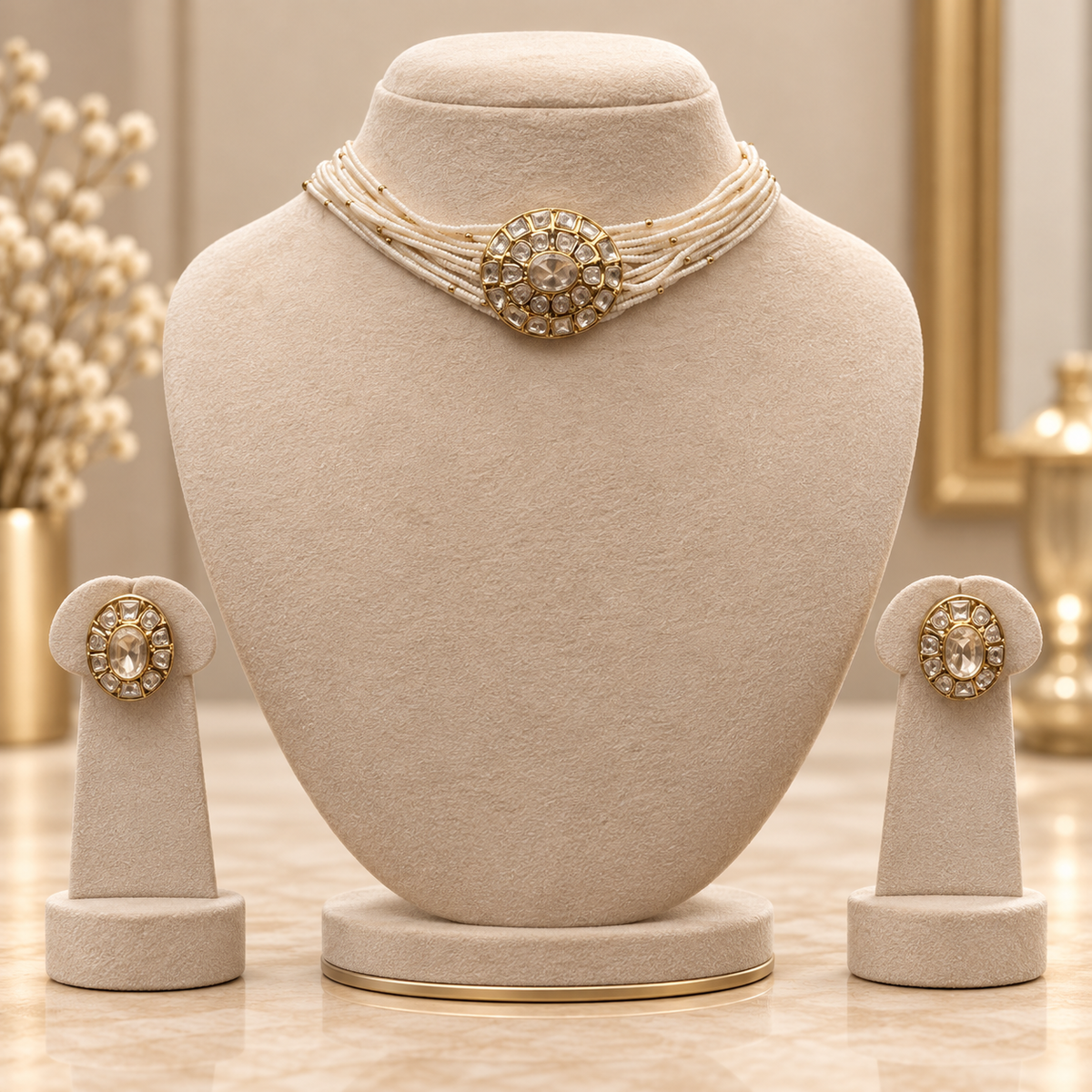 Aarvessa Moissanite Polki Necklace Set | 22KT Gold Plated Pearl Bridal Jewellery