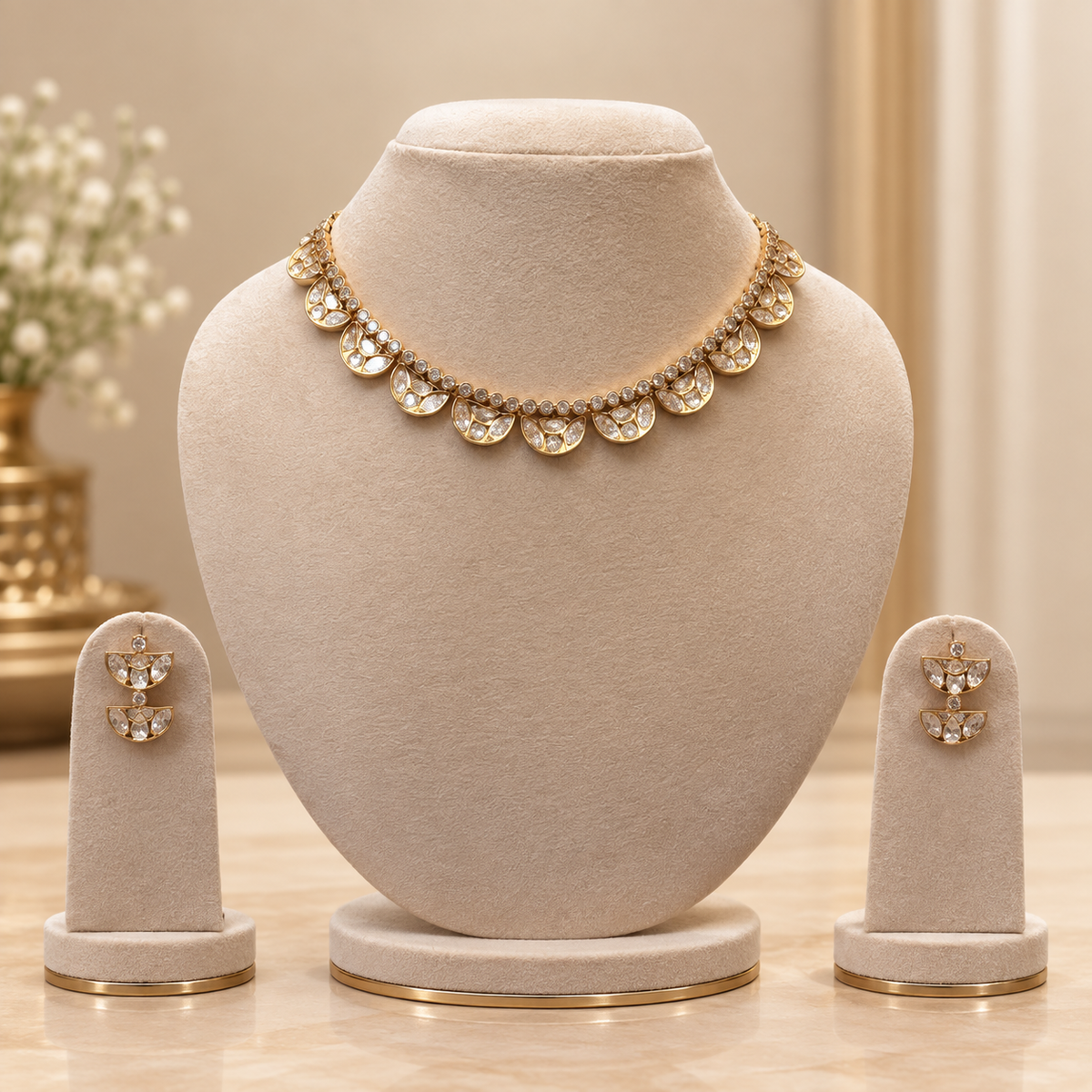 Aurelia Petal Moissanite Polki Necklace Set | Gold Bridal Jewellery