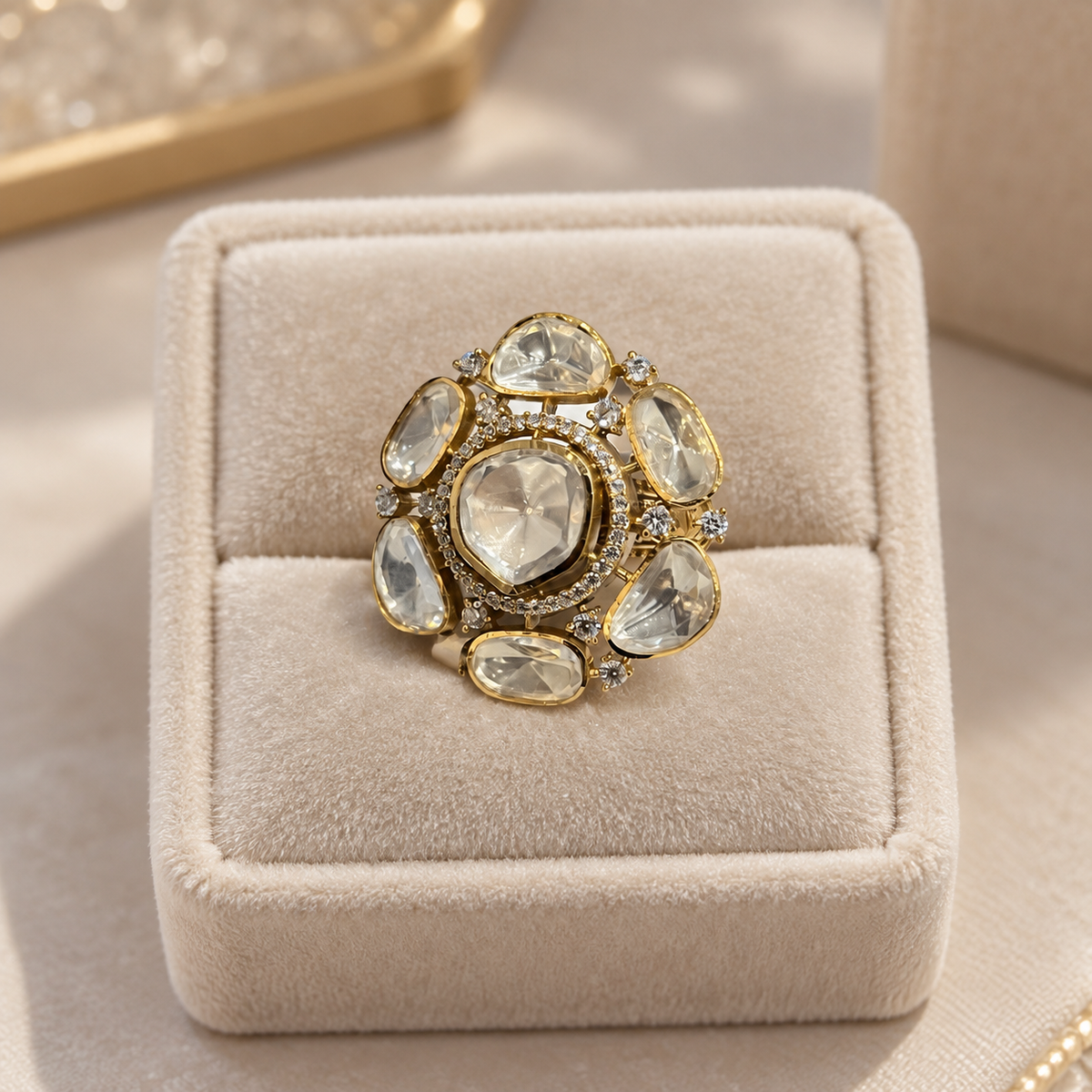 Shahzadi Moissanite Polki Ring | 22KT Gold Plated Royal Ring