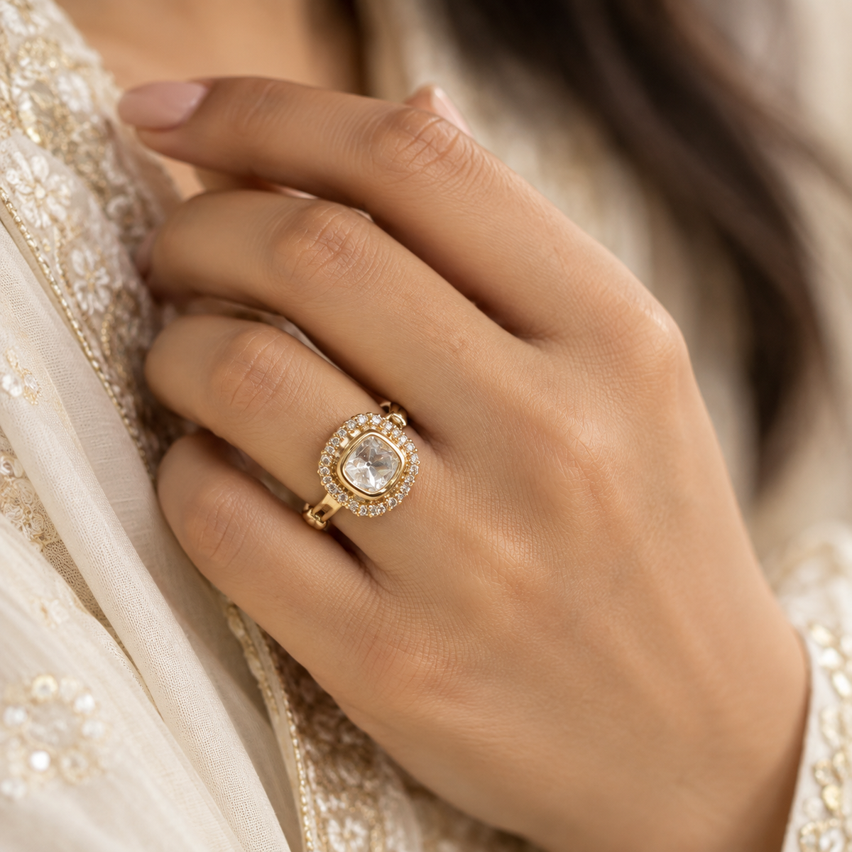 Orlina Cushion Moissanite Polki Ring | 22K Gold Plated