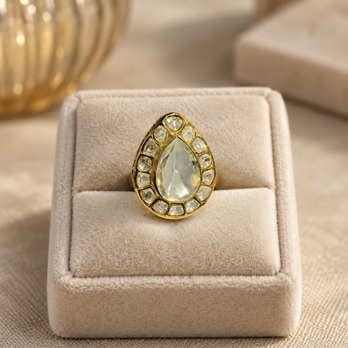 Aveline Teardrop Moissanite Polki Ring | 22KT Gold Plated Ring