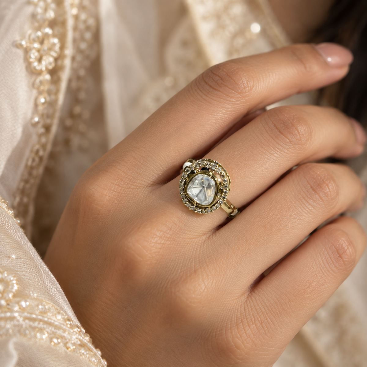 Orvessa Moissanite Polki Ring | 22K Gold Plated Halo Ring
