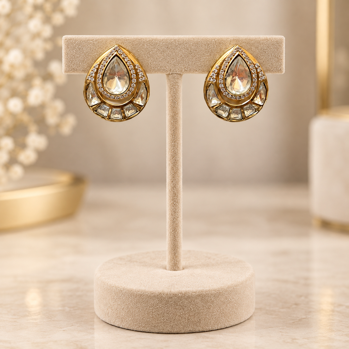 Elvara Teardrop Moissanite Polki Earrings | Gold Statement Earrings
