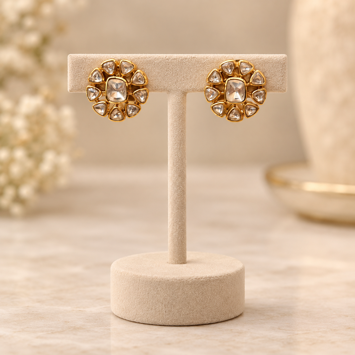 Sorvella Cushion Moissanite Uncut Polki Stud Earrings | 22KT Gold Plated Pure Brass