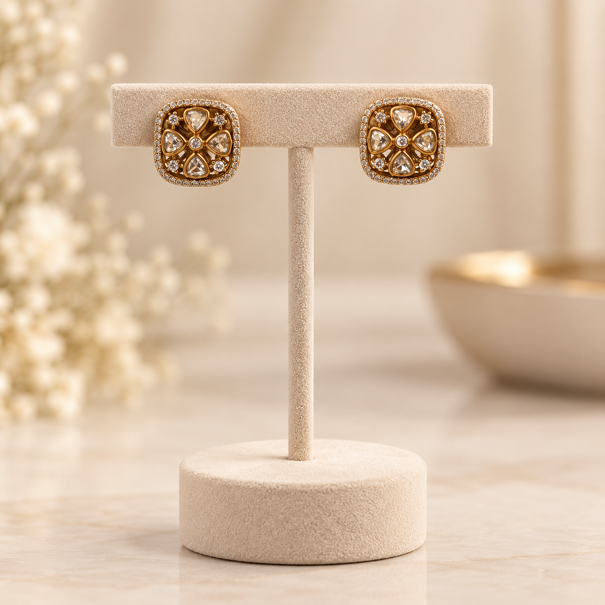 Zorvella Floral Moissanite Uncut Polki Stud Earrings | 22KT Gold Plated Pure Brass
