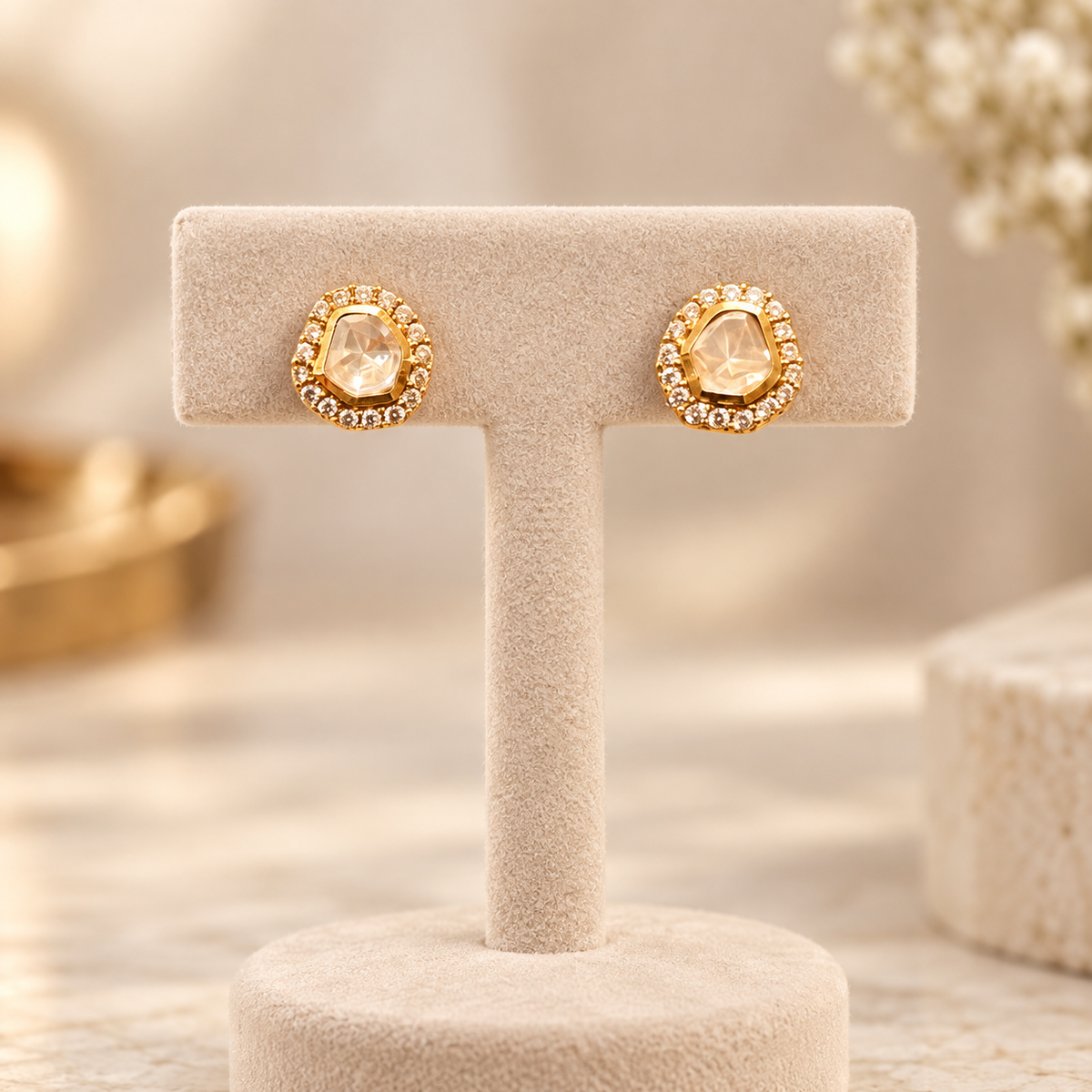 Elarune Teardrop Moissanite Uncut Polki Stud Earrings | 22KT Gold Plated Pure Brass