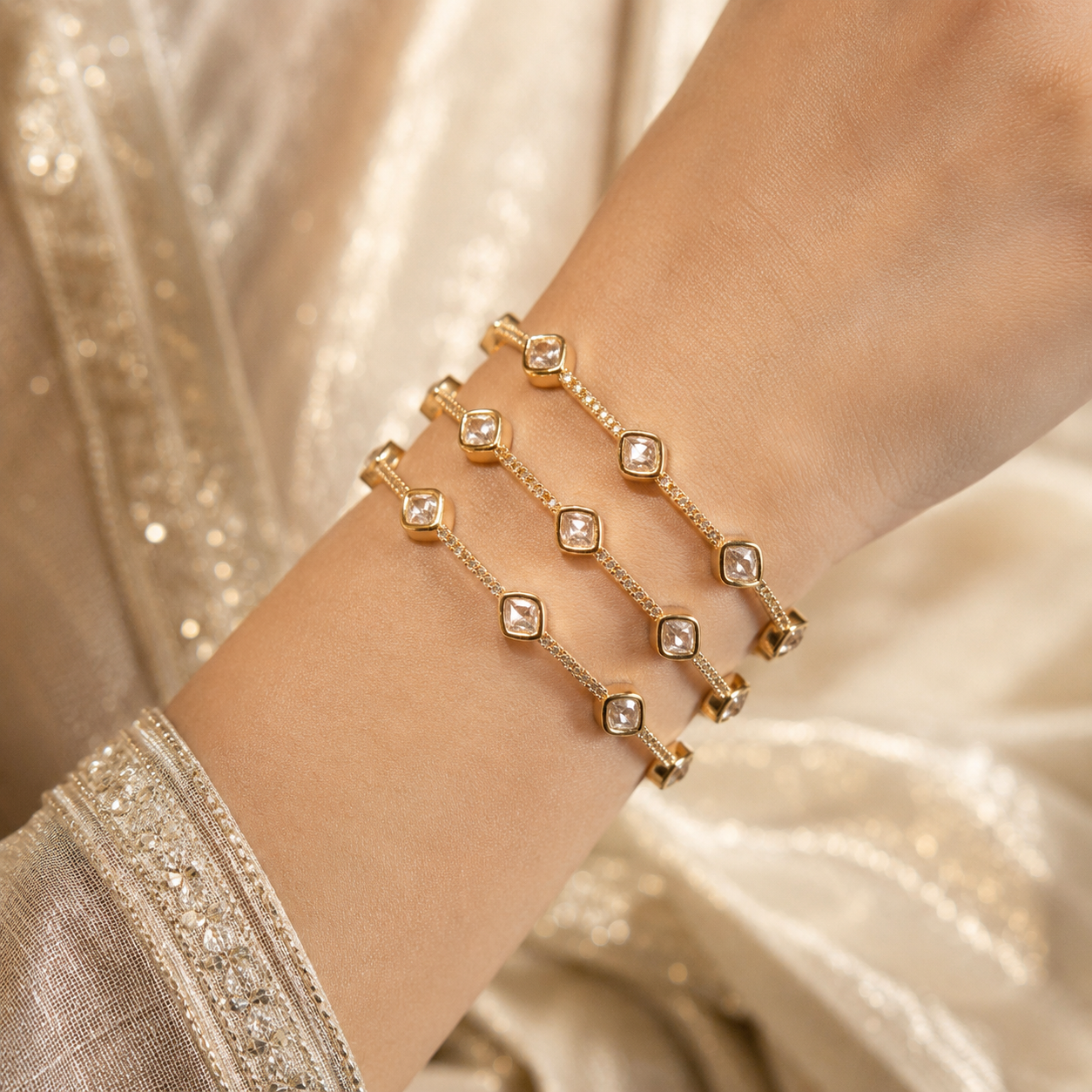 Viora Moissanite Polki Bangles | Luxury Gold Finish Bangles | Atal Jain Designs SEO Meta Description