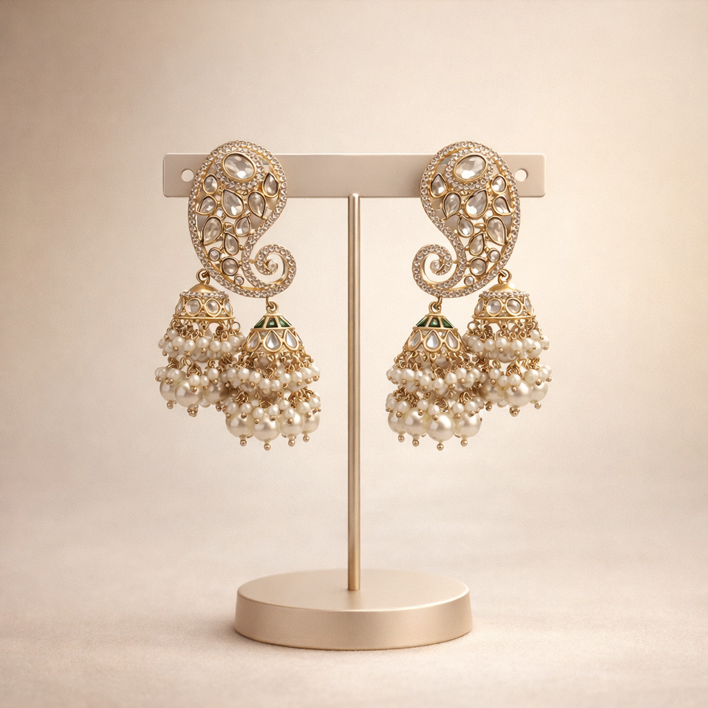 Royal Paisley Polki Pearl Jhumka Earrings | Elegant Wedding & Festive Jewelry