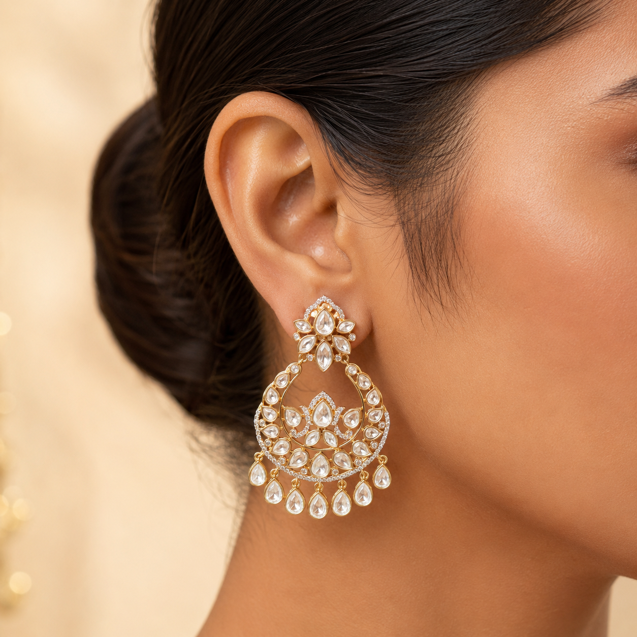 Aarvika Lotus Polki Chandbali Earrings | Moissanite Polki Bridal Earrings | Atal Jain Designs