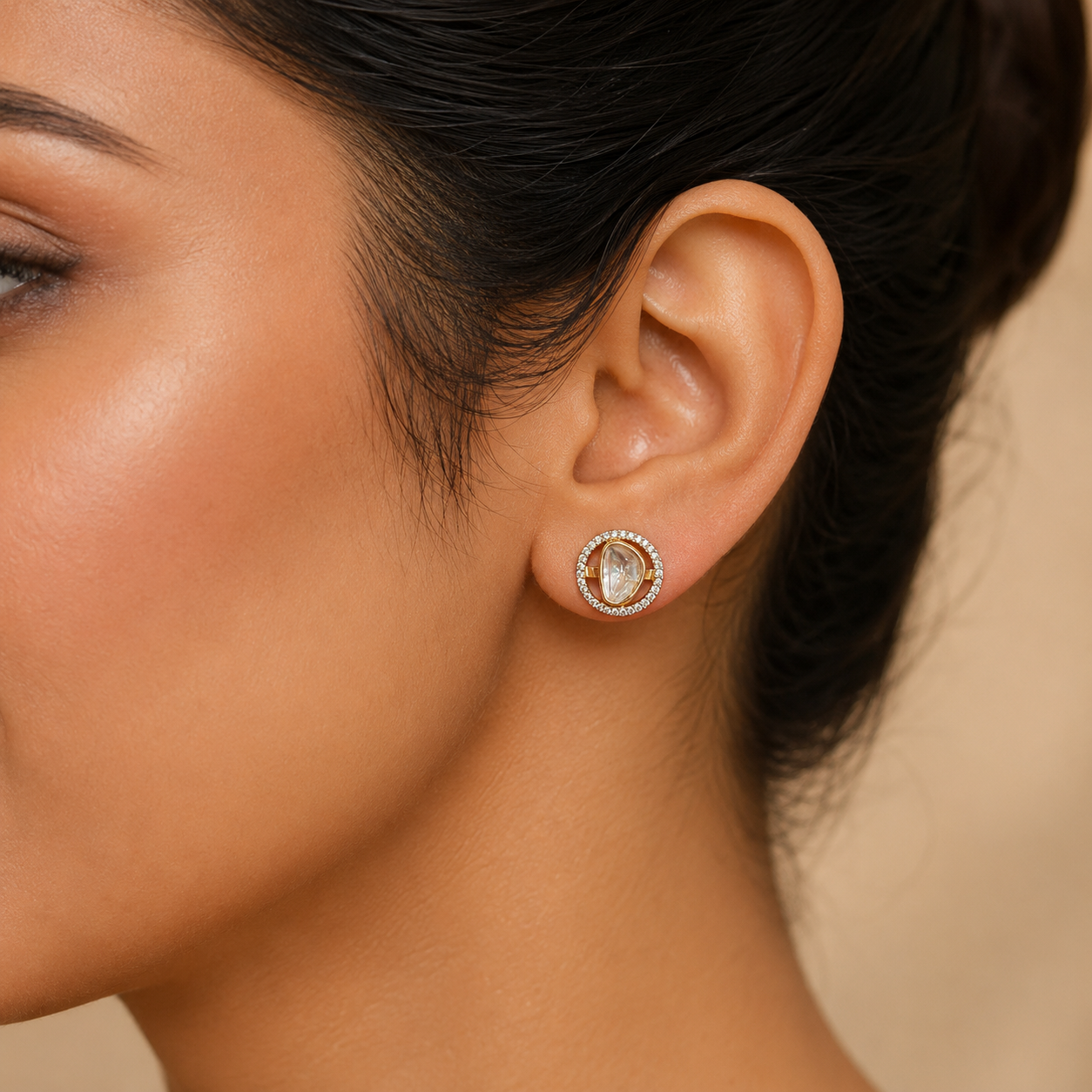 Aveline Orbit Stud Earrings | Moissanite Polki Halo Stud Earrings for Women | Atal Jain Designs