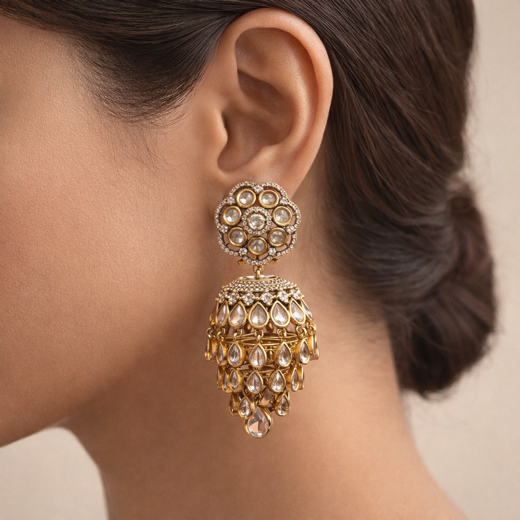 Royal Polki Tiered Jhumka Earrings – Traditional Indian Wedding & Festive Jewelry