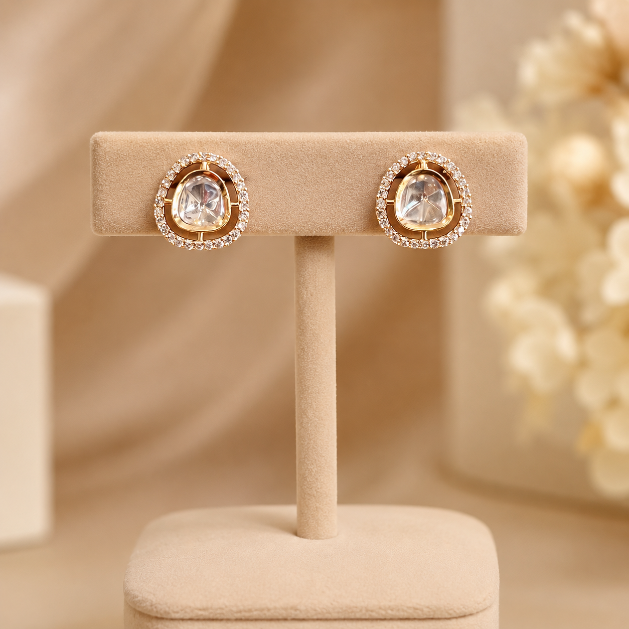 Elowen Halo Polki Stud Earrings | Moissanite Polki Minimal Studs for Women | Atal Jain Designs