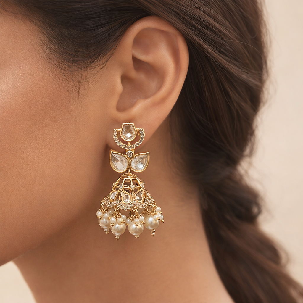 Lotus Polki Pearl Jhumka Earrings | Traditional Wedding & Festive Jewelry