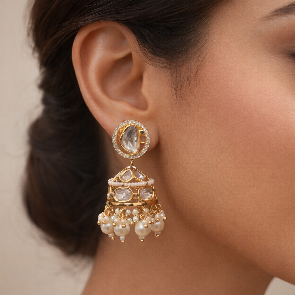 Shahi Noor Polki Pearl Jhumka Earrings | Traditional Bridal & Festive Jewelry