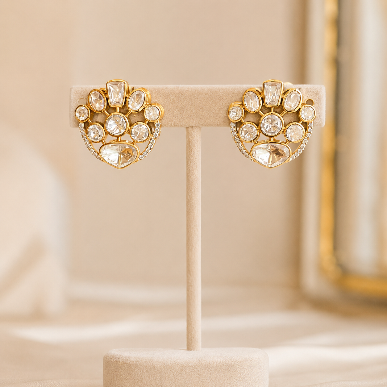 Aabroo Polki Fan Stud Earrings | Moissanite Polki Statement Studs for Women | Atal Jain Designs