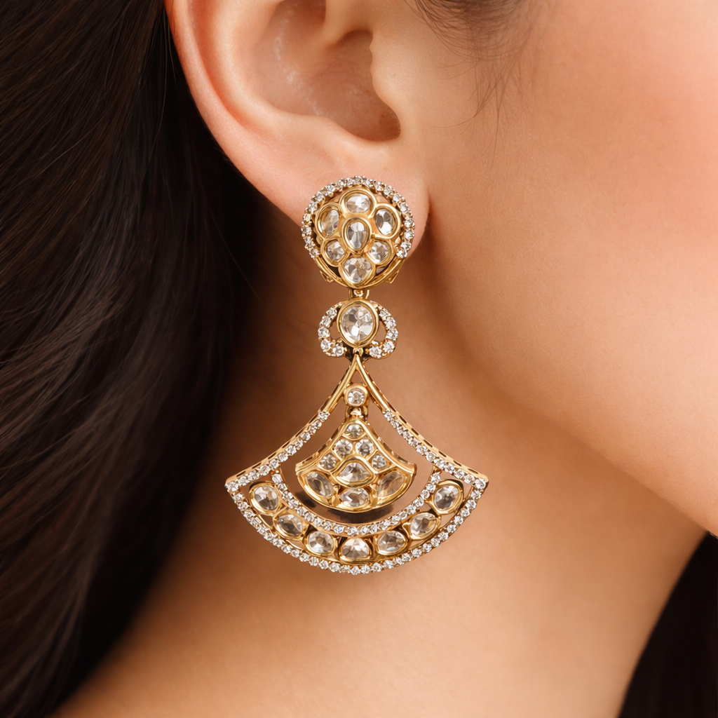 Noorvani Polki Fan Drop Earrings – Gold Polki Statement Earrings