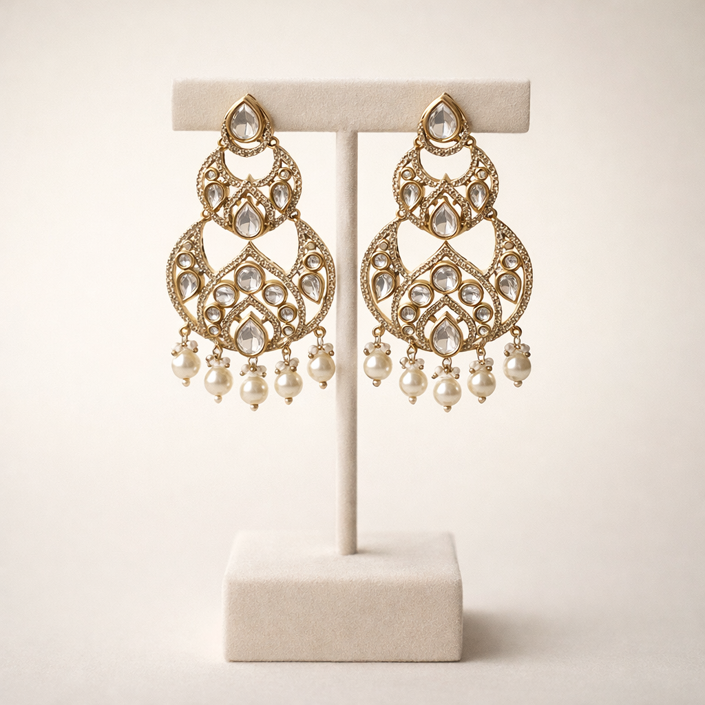 Noor Aab Polki Pearl Chandbali Earrings – Luxury Gold Polki Statement Earrings