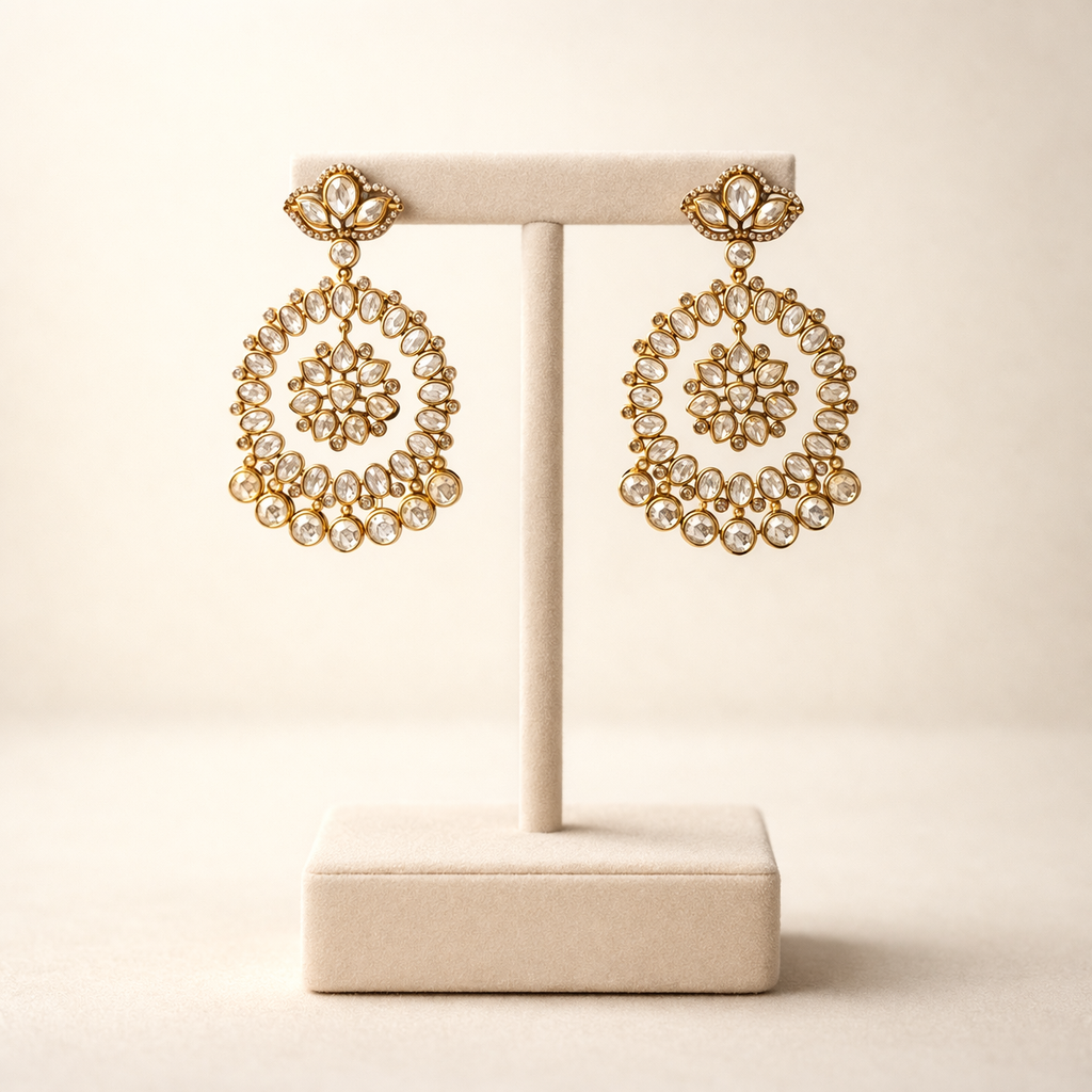 Rajvalli Polki Chandbali Earrings – Luxury Gold Polki Statement Earrings