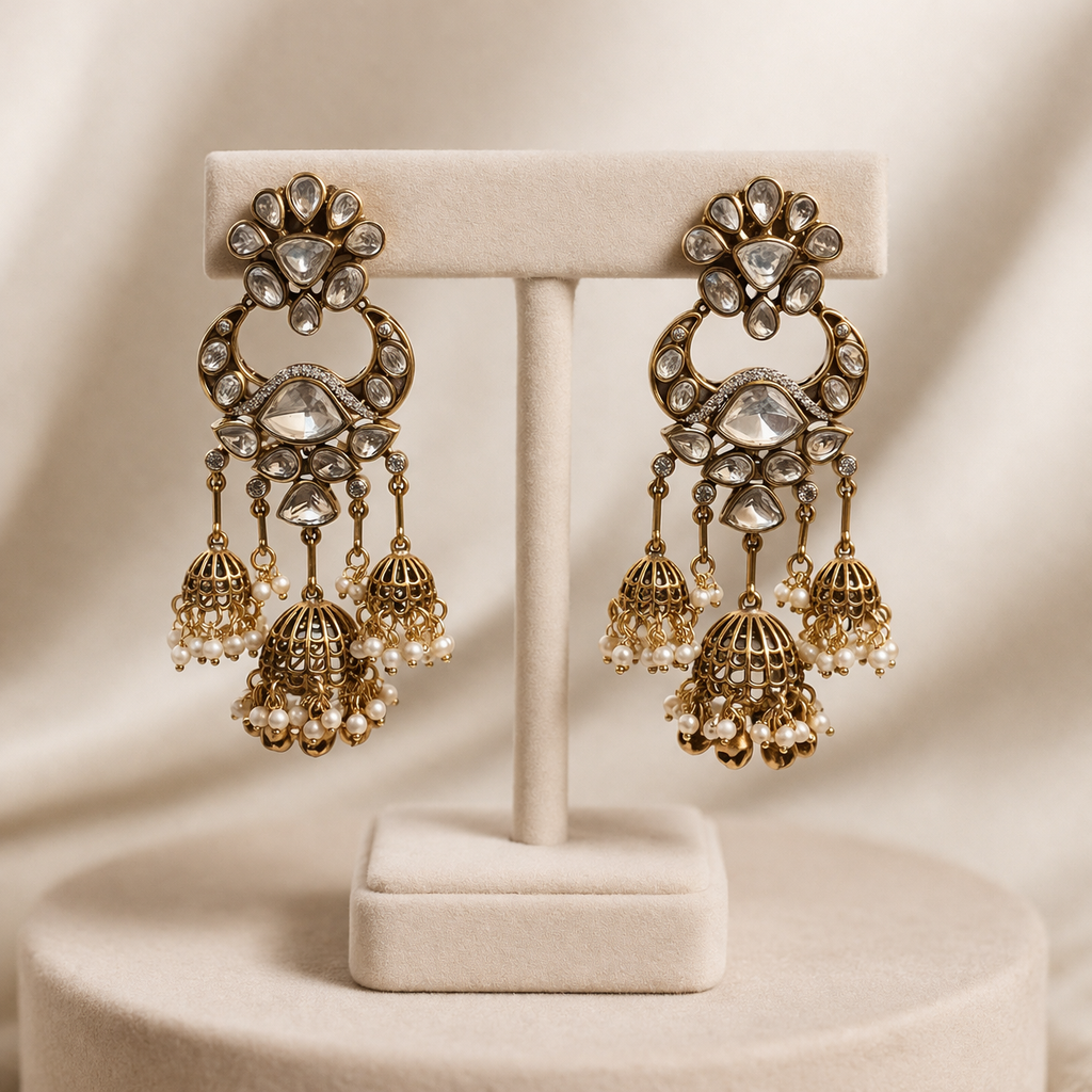 Sahiba Polki Pearl Jhumka Earrings | Bridal Gold Polki Statement Earrings