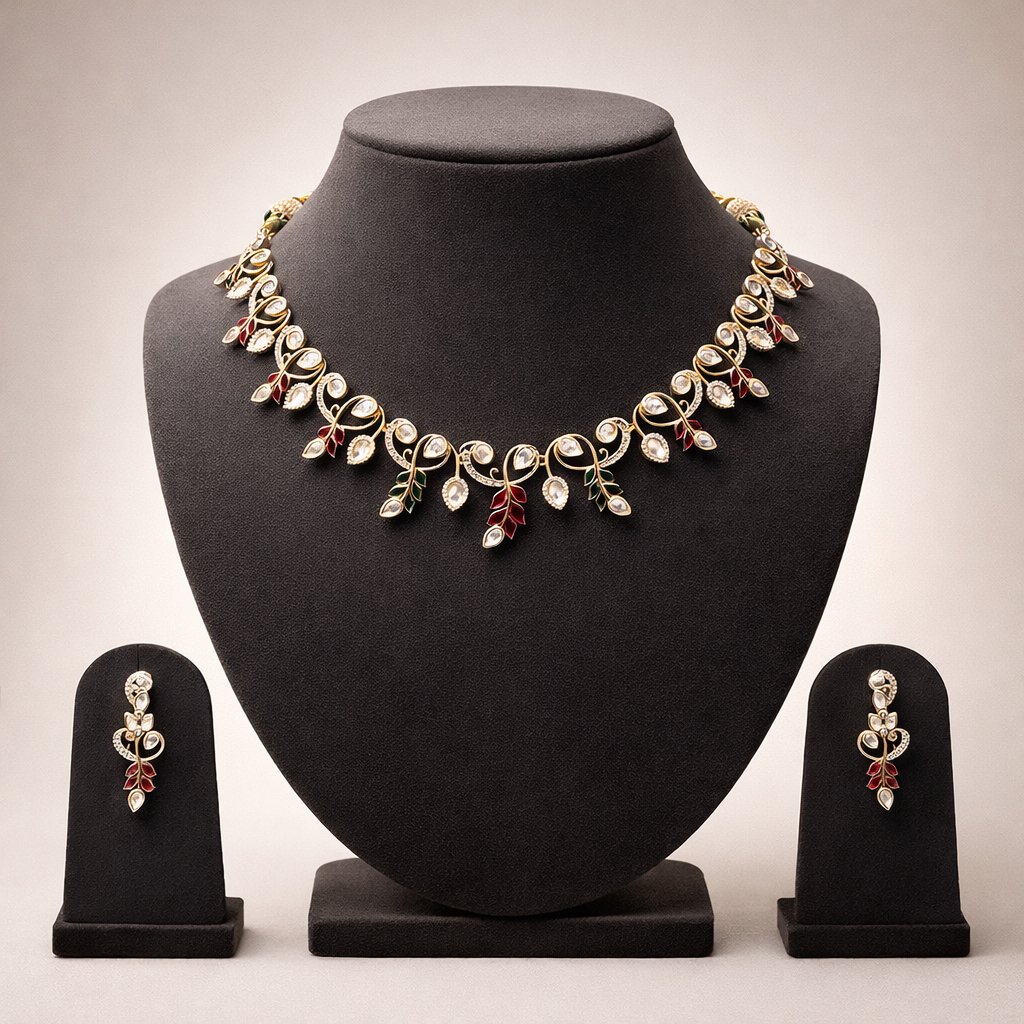 Autumn Vine Polki Necklace Set | Elegant Uncut Polki Jewelry