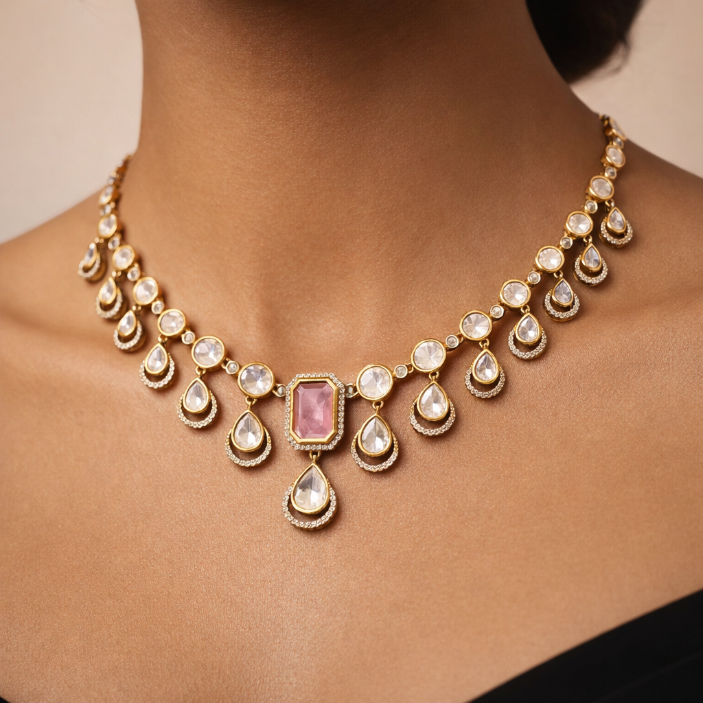 Rosé Noor Polki Necklace Set – Elegant Uncut Polki Necklace with Blush Stone