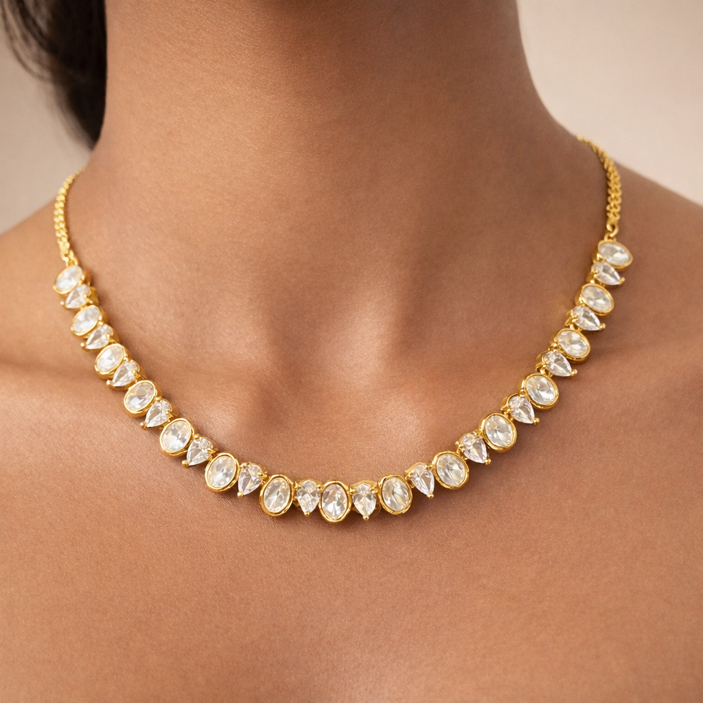 Noor Polki Necklace – Elegant Gold Tone Indian Bridal & Festive Jewelry