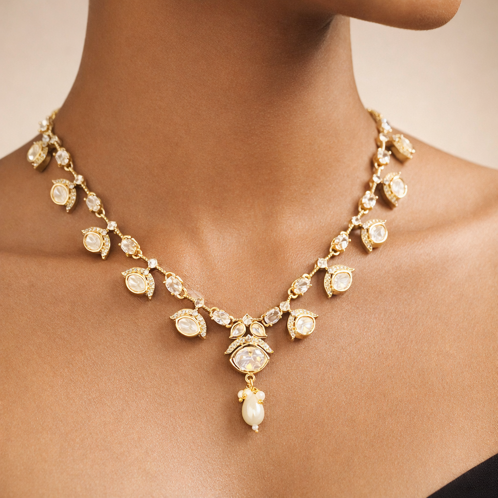 Aabha Polki Pearl Drop Necklace – Elegant Festive & Wedding Jewelry