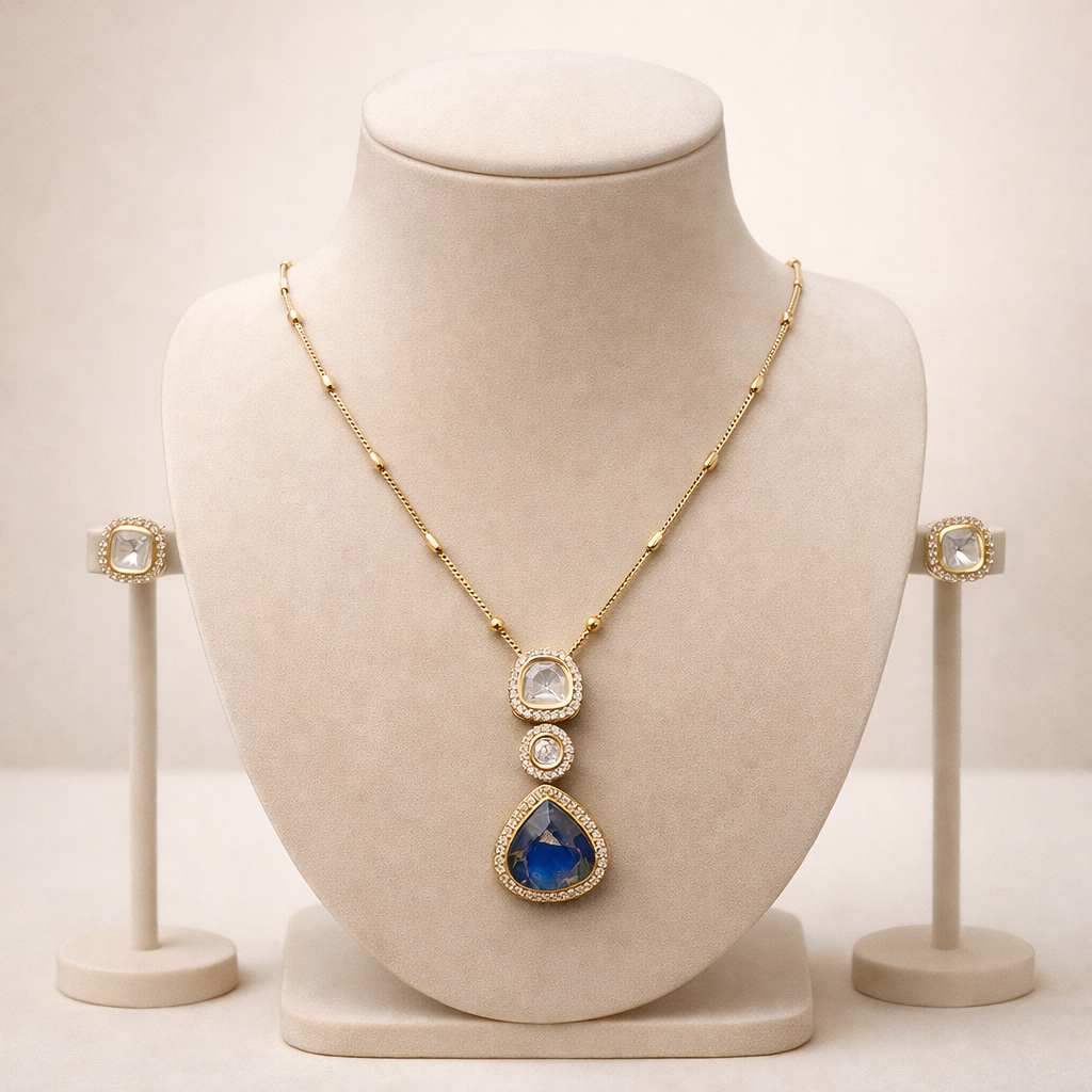 Neelratna Polki Blue Drop Pendant Set | Elegant Polki Jewelry