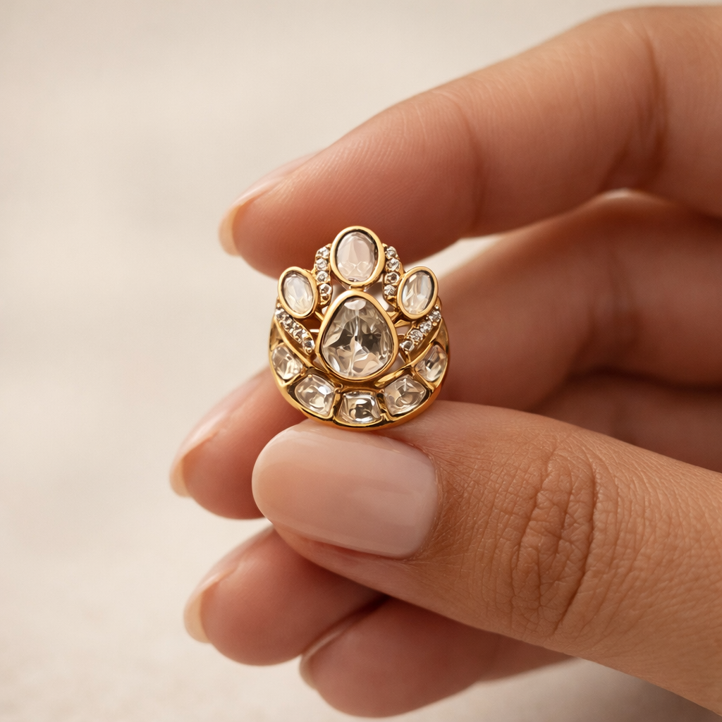 Rajnidhi Pear Polki Statement Ring | Royal Layered Polki Ring