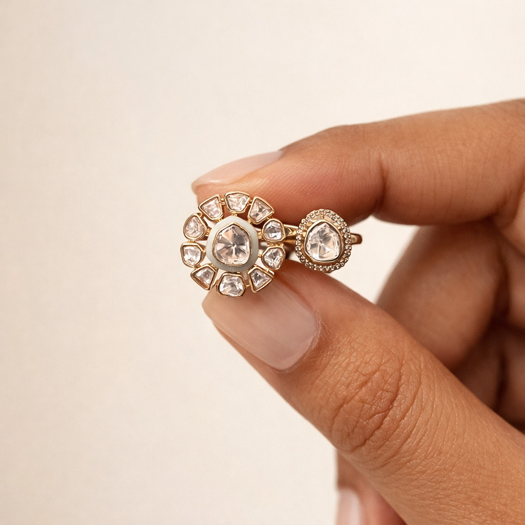 Noorvya Dual Polki Open Ring | Adjustable Double Motif Polki Ring
