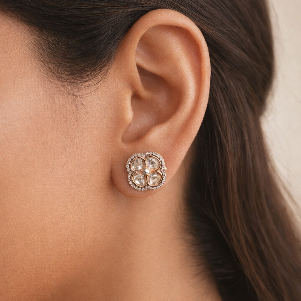 Clover Polki Stud Earrings | Gold Floral Polki Designer Studs for Women