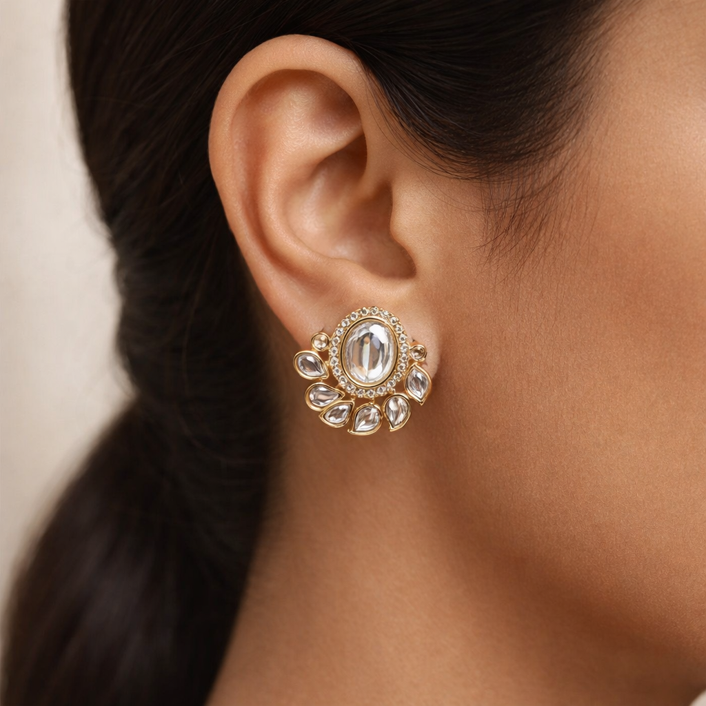 Emerald Polki Stud Earrings – Oval Kundan Style Halo Earrings