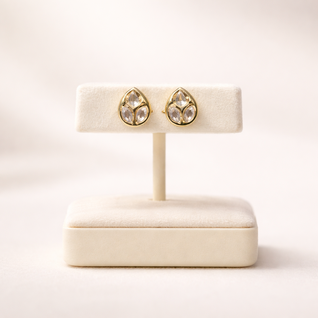 Trinity Teardrop Polki Stud Earrings | Gold Minimal Polki Designer Studs for Women