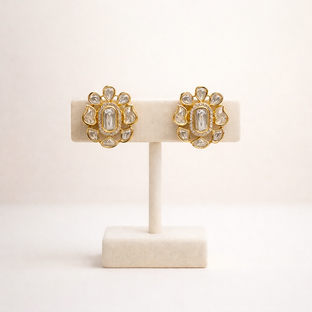 Sunflower Polki Stud Earrings | Gold Floral Polki Statement Earrings for Women