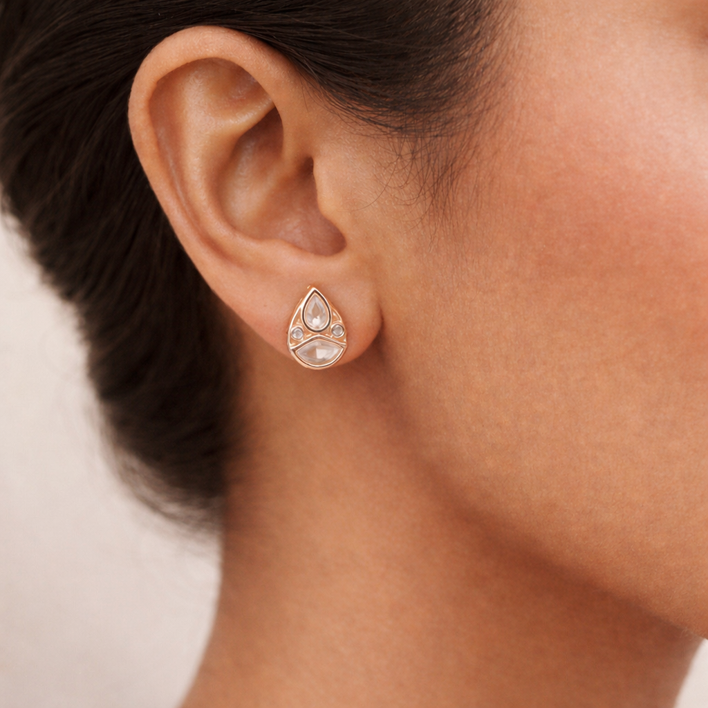 Aura Teardrop Polki Stud Earrings | Elegant Gold Polki Designer Studs for Women