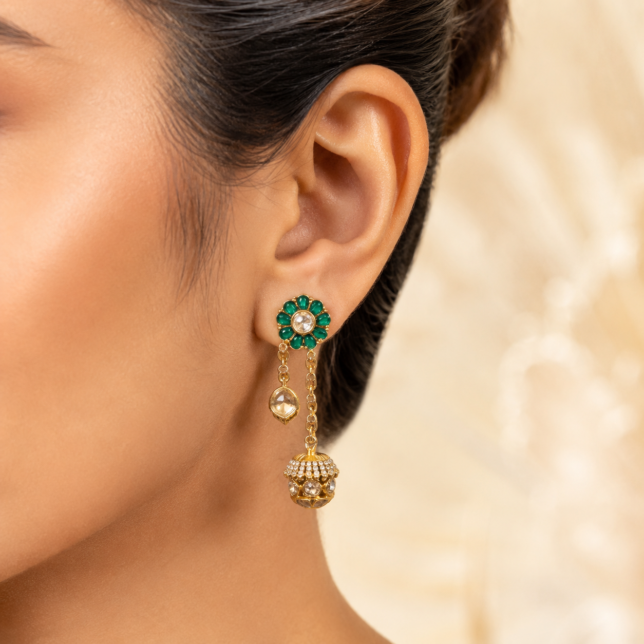 Emerelle Jhumki Drop Earrings | Green Floral Kundan & Moissanite Earrings for Women
